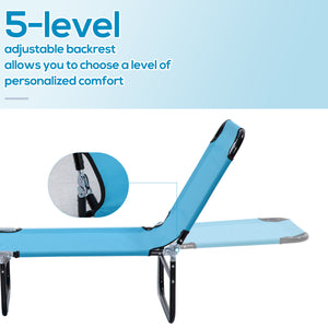 Outdoor Folding Lounge Chair, Steel Tanning Chair with Reclining Back, Breathable Mesh for Beach, Yard, Patio, Sky Blue
