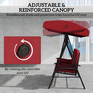 Swing chair for 3 people with steel canopy and padded seat, wine red