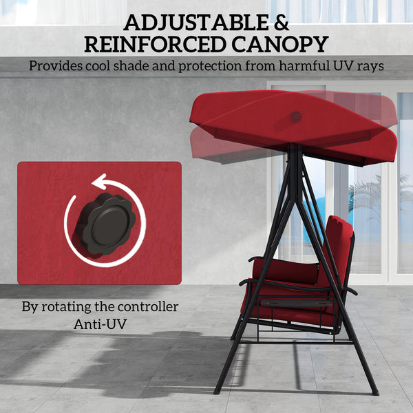 Swing chair for 3 people with steel canopy and padded seat, wine red