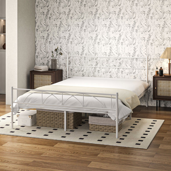 Metal Bed Frame with Queen Size Headboard, White