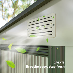 Lean-to metal garden shed with foundation, sliding door and 2 vents, white