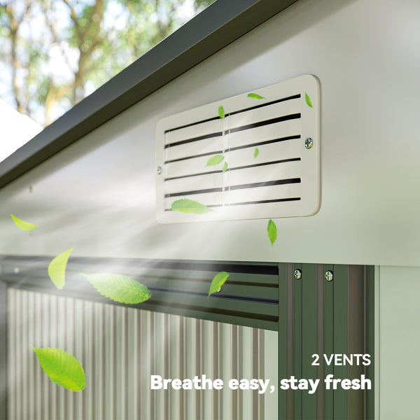 Lean-to metal garden shed with foundation, sliding door and 2 vents, white