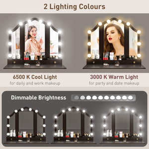 Dressing table with stool, 10 LED lights, 5 drawers and 3 compartments, black