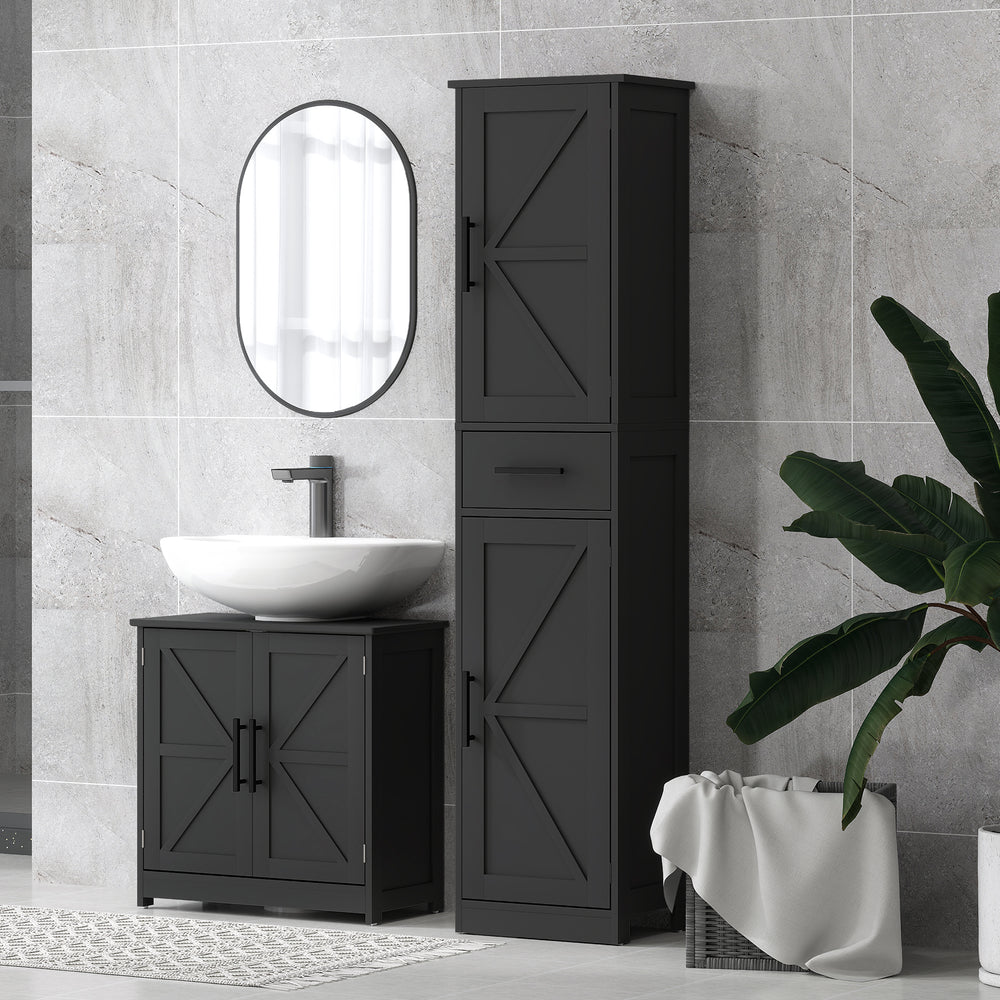 Bathroom cabinet 170 cm high with drawer, barn doors and adjustable shelves, black