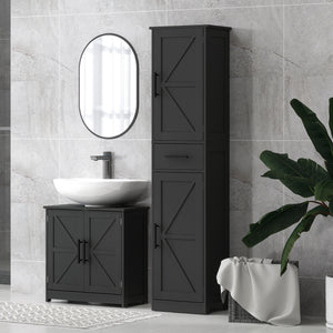 Bathroom cabinet 170 cm high with drawer, barn doors and adjustable shelves, black