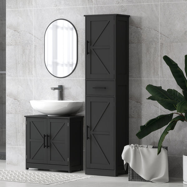 Bathroom cabinet 170 cm high with drawer, barn doors and adjustable shelves, black