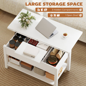 Lift-top extendable coffee table with double surface and integrated storage, white