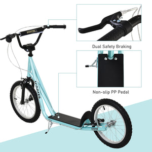 Scooter with 16-inch inflatable wheels and double brakes, pale blue