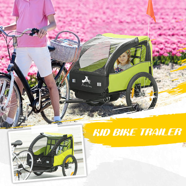2-seater bicycle trailer with 5-point harness, 20-inch wheels, green