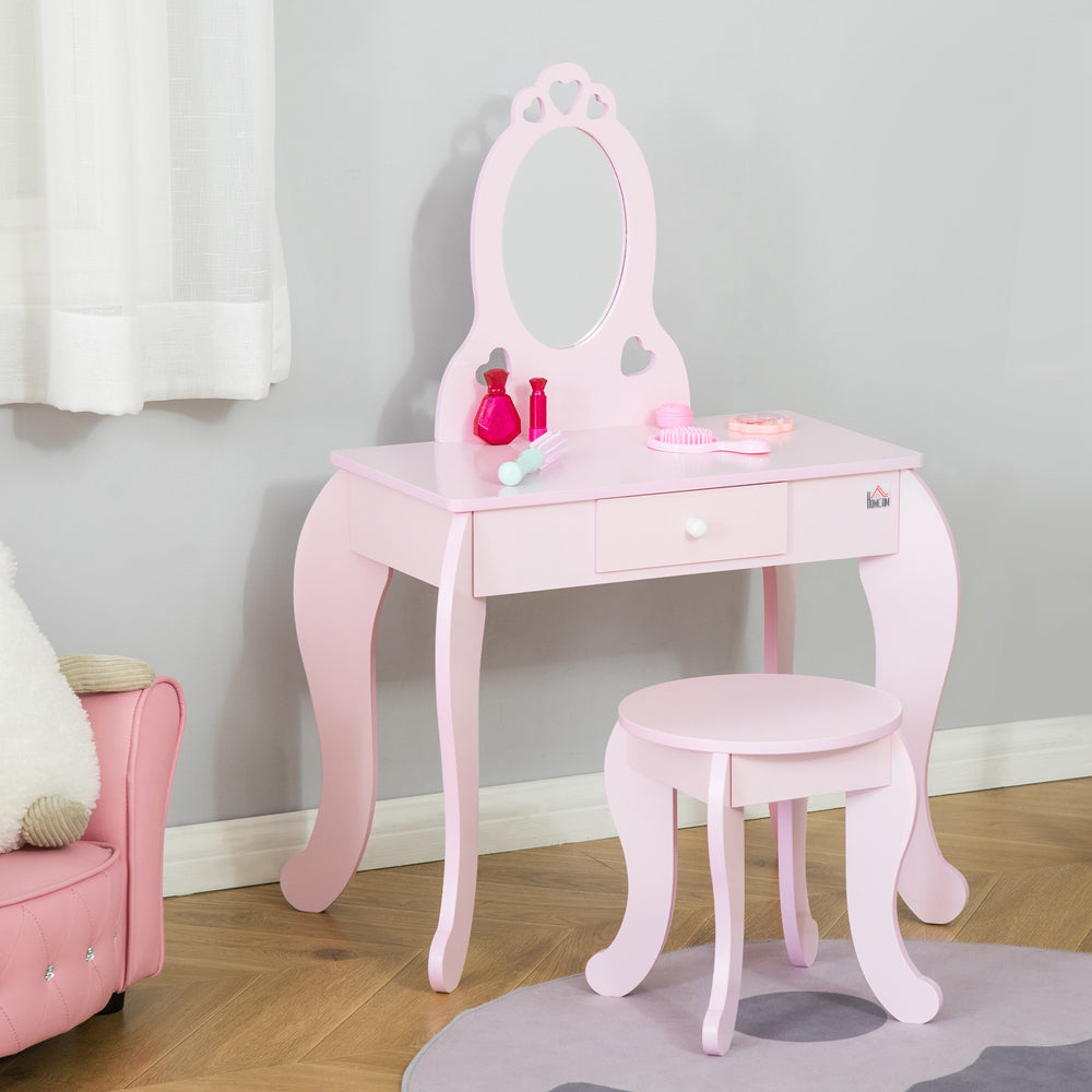 Children's dressing table with mirror and stool, pink
