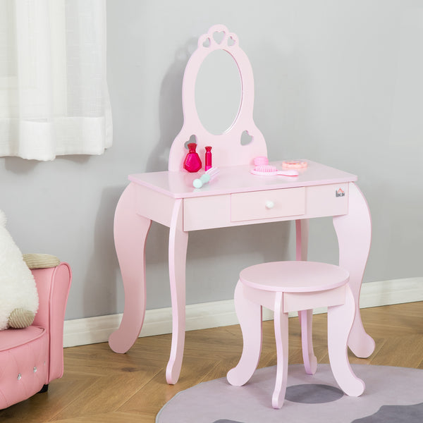 Children's dressing table with mirror and stool, pink