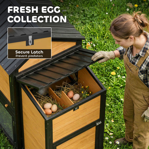 Large wooden chicken coop with run, nesting box, pull-out tray, waterproof roof, and access ramp.