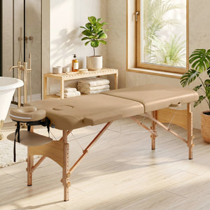 Professional 9-level adjustable folding massage table with accessories – Light brown