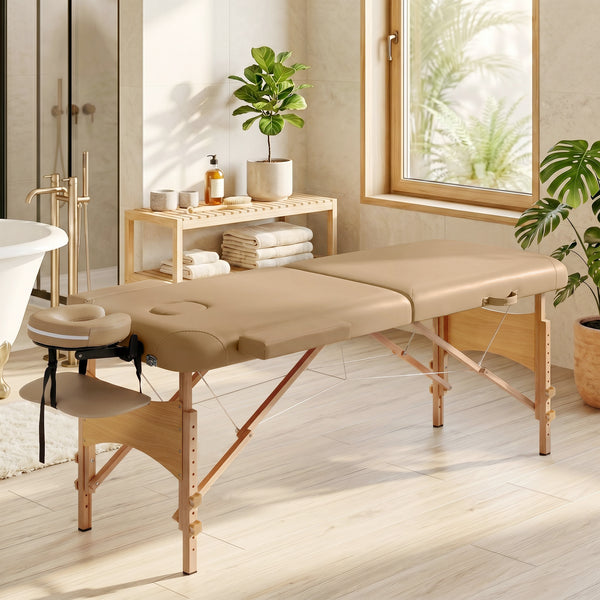Professional 9-level adjustable folding massage table with accessories – Light brown