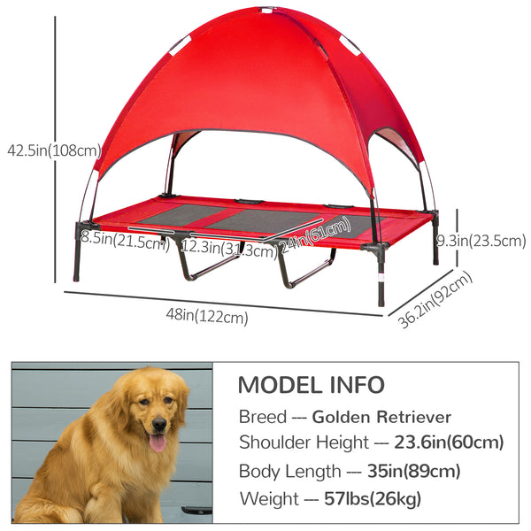 Raised dog bed with tent, red