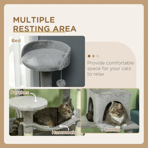 Large 142cm Multi-Level Cat Tree with Hammock, Basket &amp; Sisal Scratching Posts, Grey