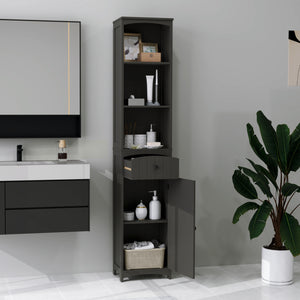 Tall bathroom cabinet with shelves and drawers