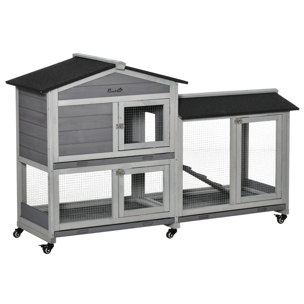 Wooden hutch with wheels, enclosure, tray and ramp, light gray