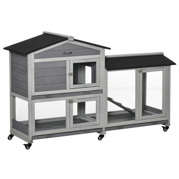 Wooden hutch with wheels, enclosure, tray and ramp, light gray