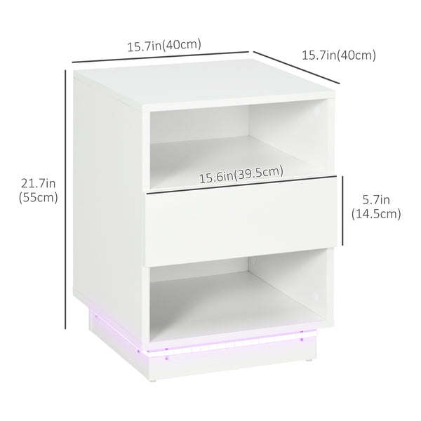 Bedside table with LED lighting and remote control, white