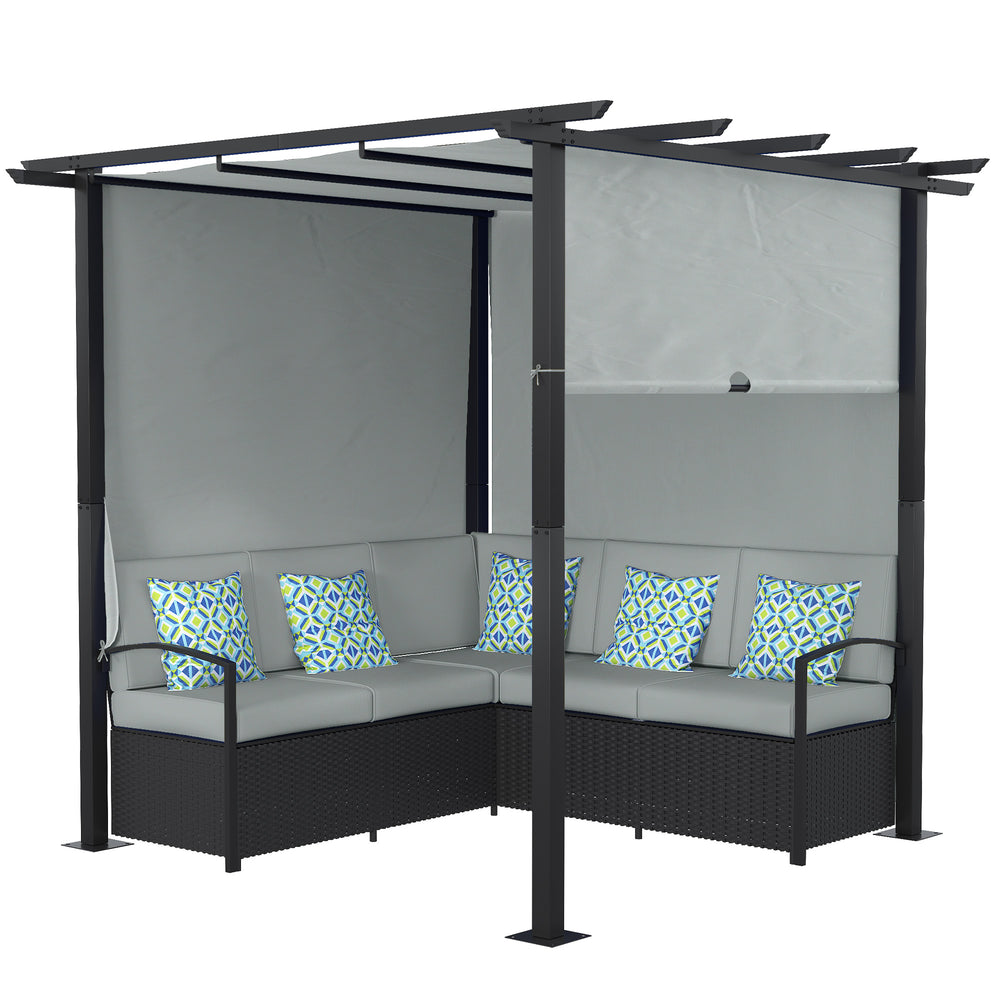Wicker resin furniture set with retractable pergola, grey