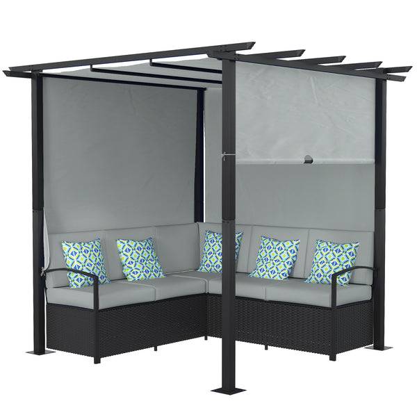 Wicker resin furniture set with retractable pergola, grey