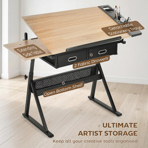 Adjustable Drafting Table with Stool and Storage Drawers for Painting, Oak