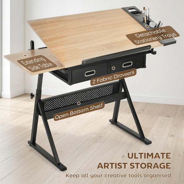 Adjustable Drafting Table with Stool and Storage Drawers for Painting, Oak