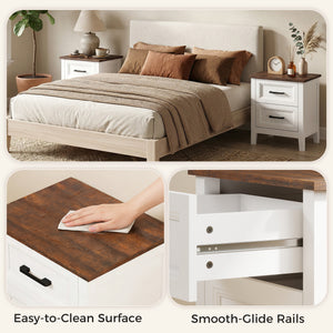 Set of 2 farmhouse style nightstands, with 2 drawers, wood effect top, white