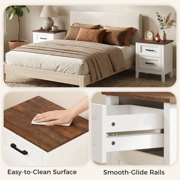 Set of 2 farmhouse style nightstands, with 2 drawers, wood effect top, white