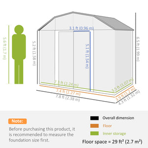 Galvanized garden shed with adjustable shelves, double sliding door and ventilation