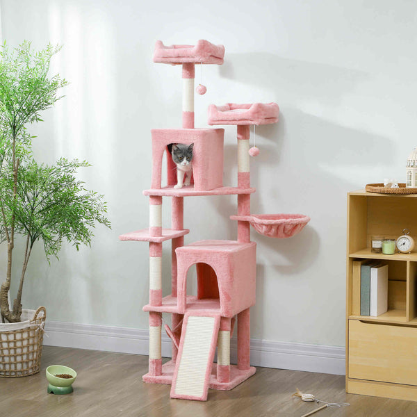 178cm Multi-Level Cat Tree with 2 Cabins, 2 Perches, Hammock, Play Balls, Pink