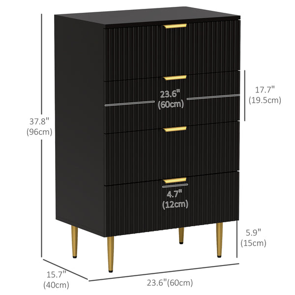 Modern 4-drawer dresser for bedroom, gold legs and handles, black