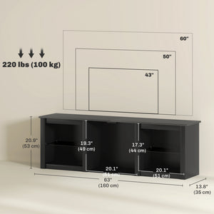 TV unit with LED lighting and adjustable glass shelves, for TVs up to 65 inches, black