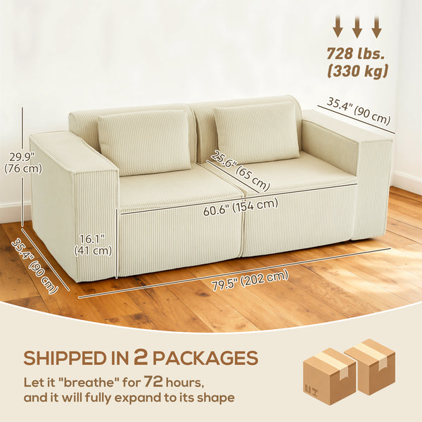 Three-seater corduroy sofa with deep seat, wide armrests, and two cushions, beige.