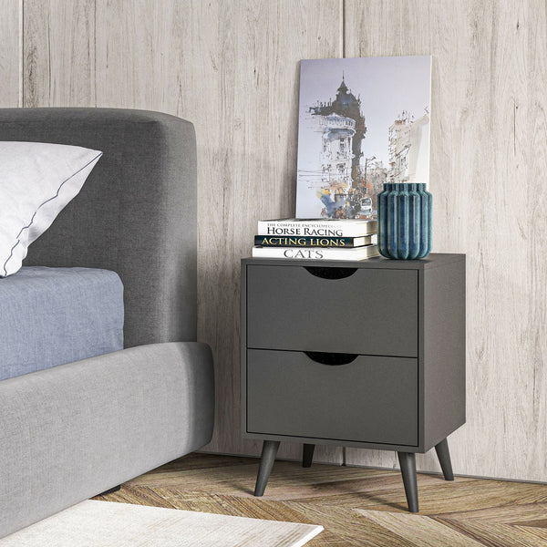 Modern bedside table with 2 drawers and pine legs, black