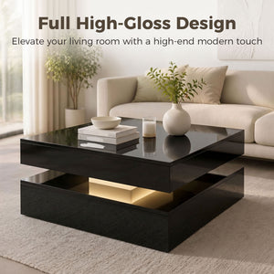 LED Coffee Table with 2-Tier Storage with Open Shelf and Remote Control for Living Room, High Gloss Black