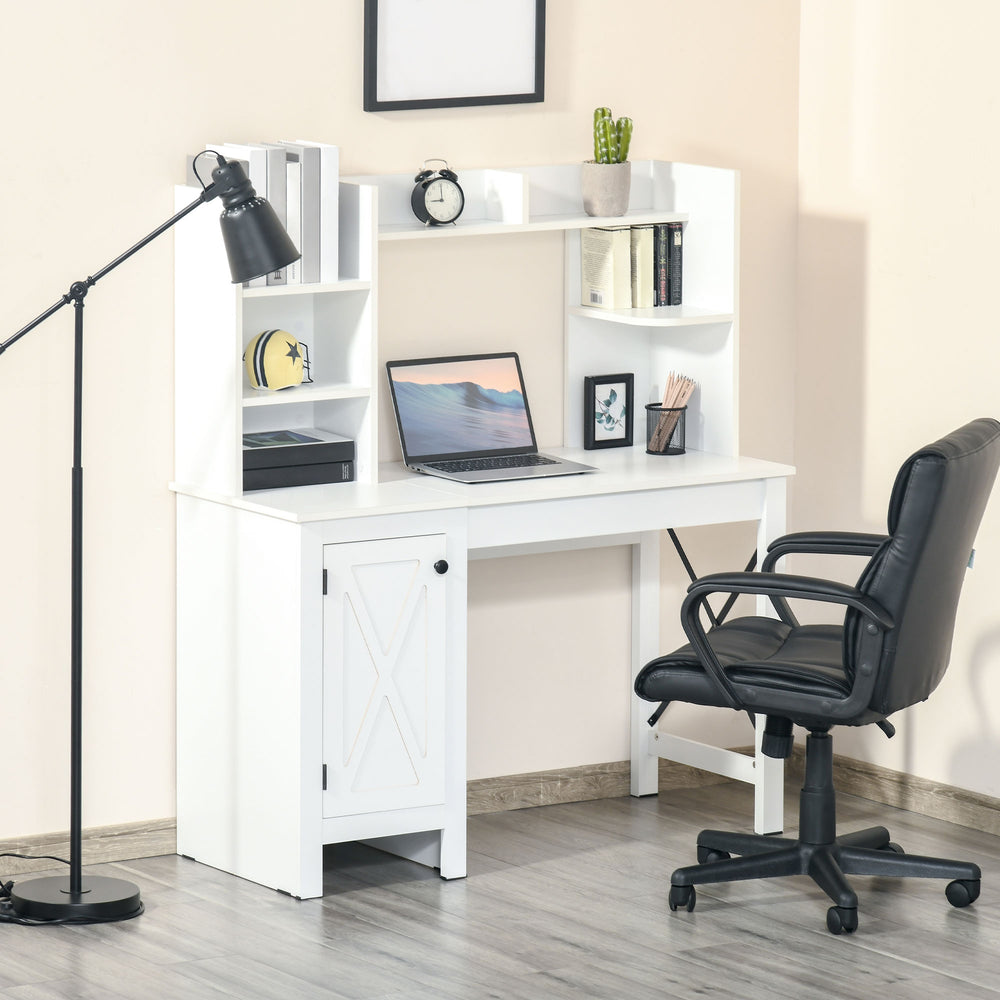 Farmhouse style computer desk with open shelves, white