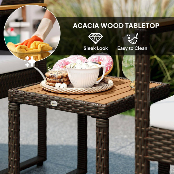 3-Piece Wicker Garden Set with Acacia Wood Table and Removable Cushions, White