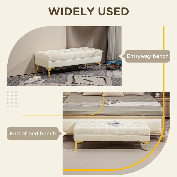 Upholstered bed bench with button tufting, beige