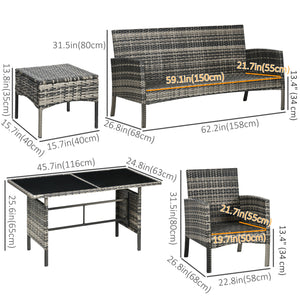 6 Piece Furniture Set with Chairs, Ottomans, Sofa, Glass Table and Cushions, Furniture Set, Grey