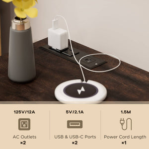 Set of 2 side tables, bedside tables with charging sockets, white