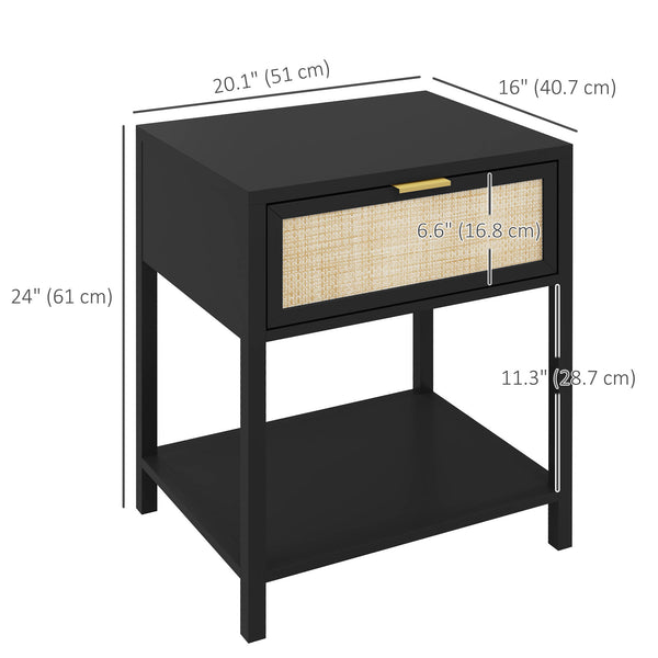 Bohemian bedside table with rattan drawer and open shelf, black