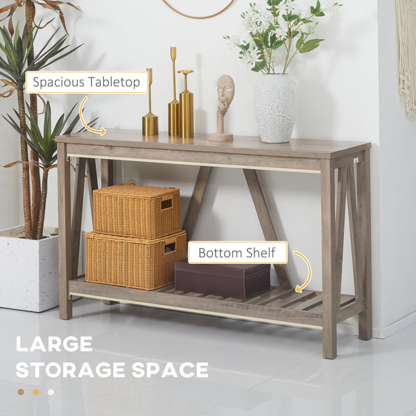 Rustic style entryway table with storage shelf, distressed gray