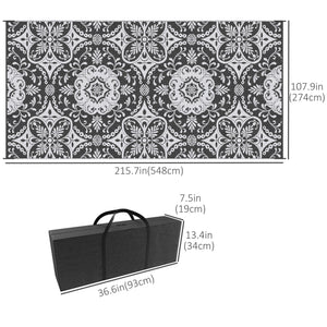 Portable outdoor mat with carrying bag, reversible, grey and white floral pattern