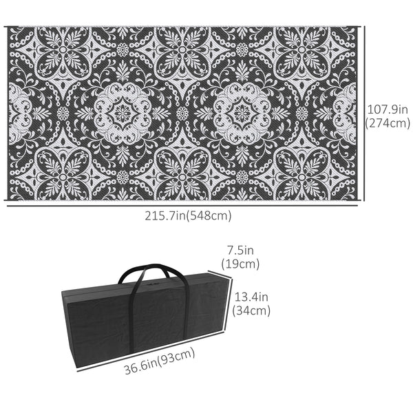 Portable outdoor mat with carrying bag, reversible, grey and white floral pattern