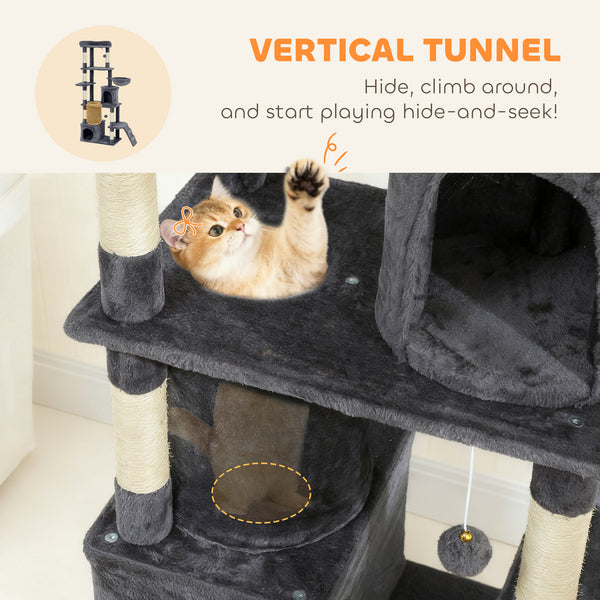 Cat tree with 7 scratching posts, tunnel, 2 hideaways, hammock, perch, ramp, pom-poms, dark grey