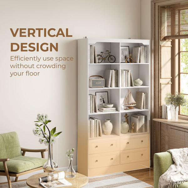 71" White Bookcase with 8 Cubbies and 4 Drawers