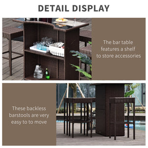 5-Piece Patio Bar Set, Synthetic Rattan Table and High Chairs, with Tempered Glass Top, Dark Brown