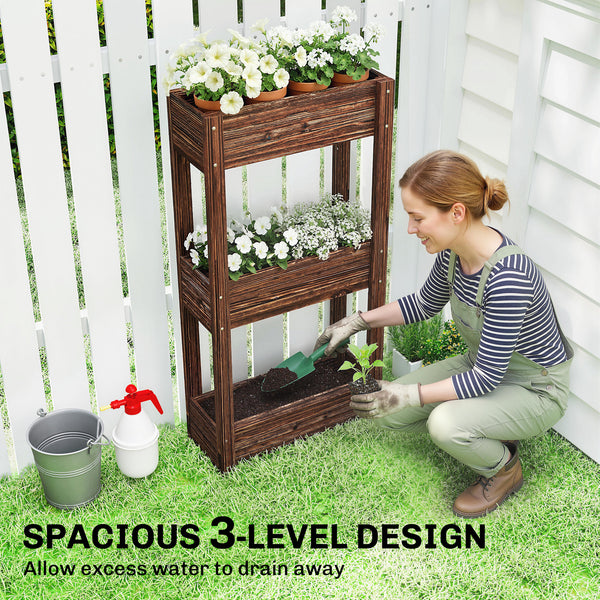 3-tier wooden raised garden bed with legs, drainage holes, and bed liner.
